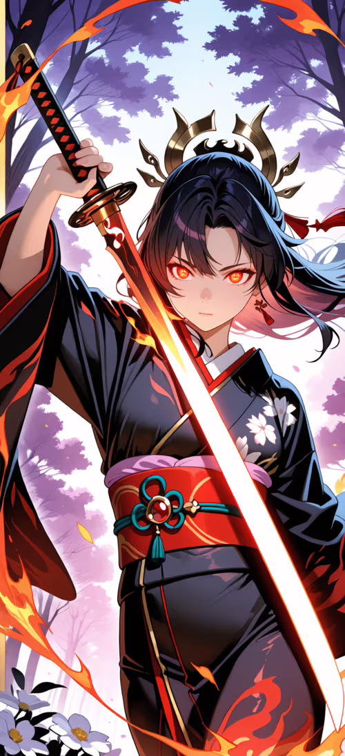 Eine im Anime-Stil gezeichnete weibliche Kriegerin mit langem, dunklem Haar, einem... Honor Magic6 Pro