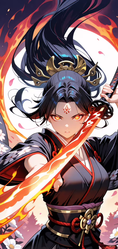 Eine im Anime-Stil gezeichnete weibliche Kriegerin mit langem, dunklem Haar, einem... Nokia 2 dot 2