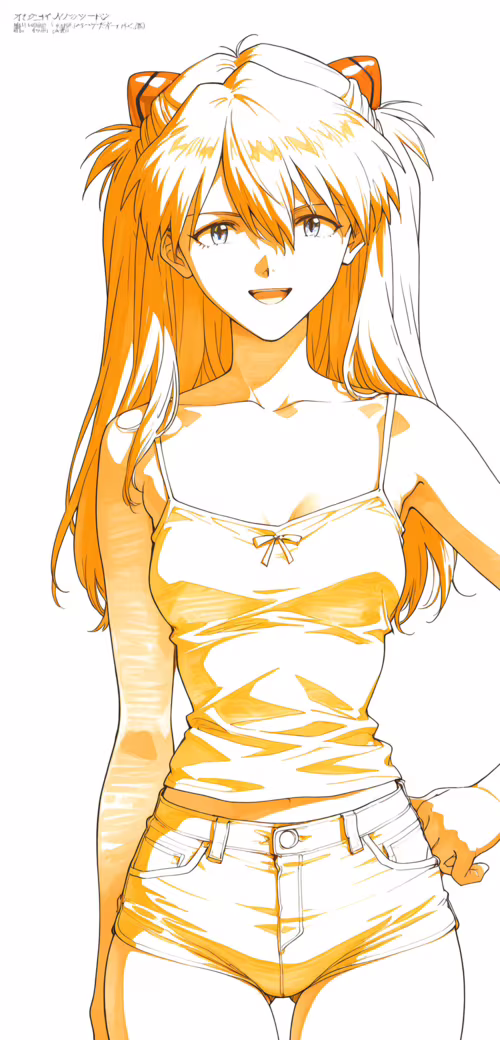 Eine Linienzeichnung von Asuka Langley Soryu aus Neon Genesis Evangelion, die selbstbewusst...