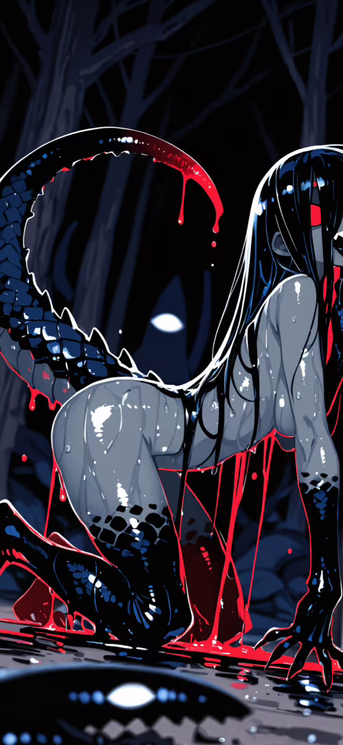 Ein furchterregendes Monster-Mädchen mit leuchtend roten Augen und scharfen Zähnen...