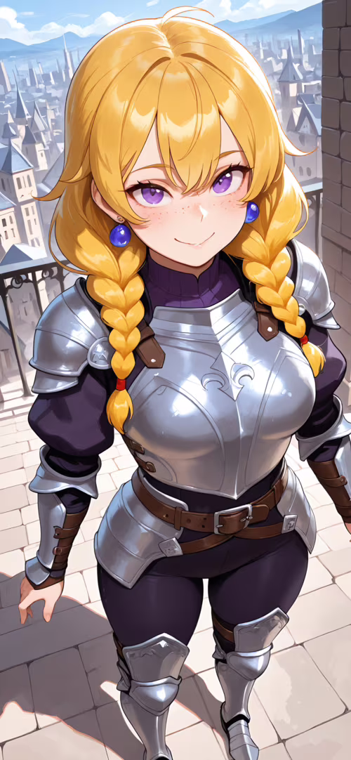 Eine junge, weibliche Ritterin mit blonden Zöpfen und violetten Augen, gekleidet... Honor 9X