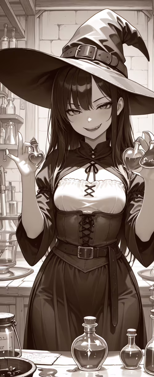 Eine in Sepiatönen gehaltene Illustration einer Hexe im Anime-Stil mit langen, blonden... Samsung Galaxy Z Flip6