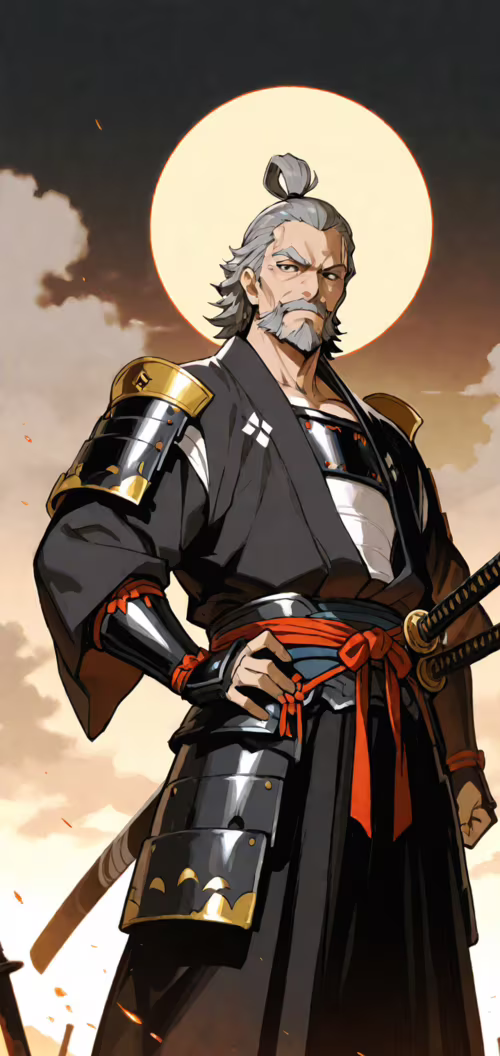 Eine im Anime-Stil gehaltene Illustration eines älteren, muskulösen Samurai mit grauem... Honor 8C