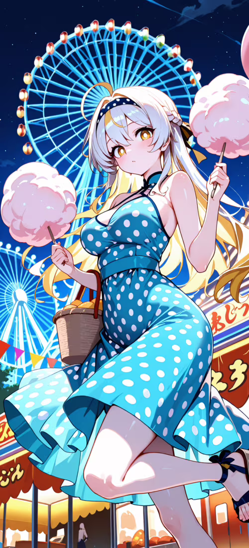 Ein Anime-Mädchen mit langen, blonden Haaren, das ein gelbes Kleid mit weißen Punkten...