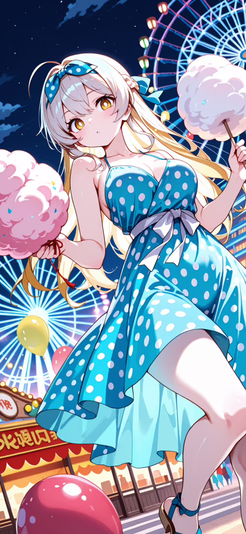 Ein Anime-Mädchen mit langen, blonden Haaren, das ein gelbes Kleid mit weißen Punkten...