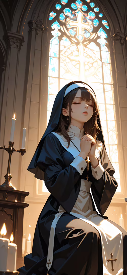 Eine im Anime-Stil gehaltene Illustration einer jungen Nonne mit dunkelblondem Haar,... Huawei P40