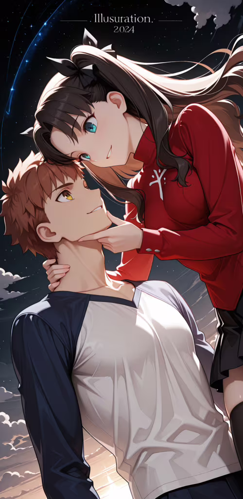 Eine Anime-Illustration von Tohsaka Rin und Emiya Shirou aus Fate/stay night, die... Samsung Galaxy J4 Core
