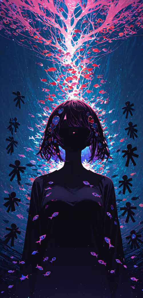 Ein Mädchen im Anime-Stil mit dunklem Haar und leuchtend gelben Augen steht in einem...