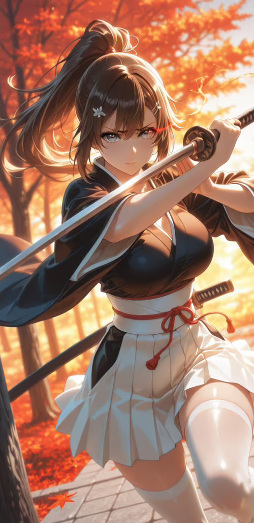 Ein Anime-Mädchen mit langem, braunem Haar, das zu einem Pferdeschwanz gebunden ist,...