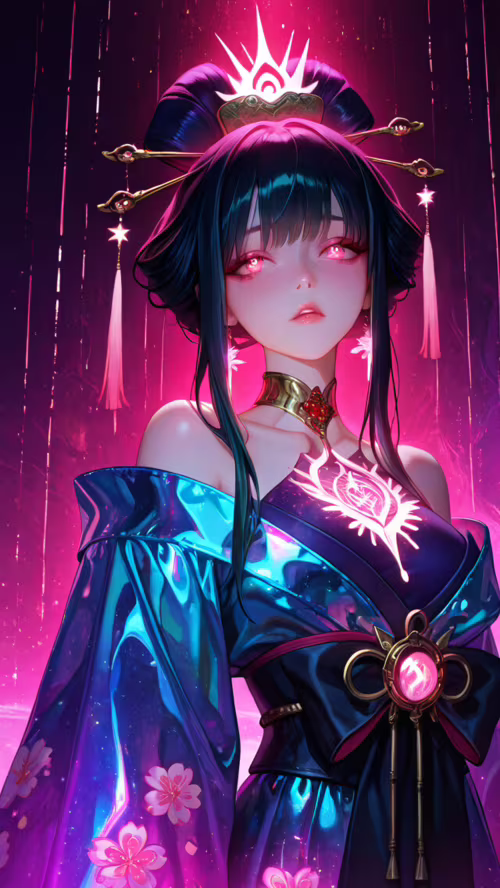 Eine wunderschöne Frau im Anime-Stil mit pinkfarbenen Haaren, die in einer aufwendigen... Unihertz Atom XL