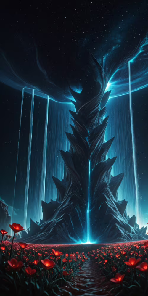 Eine surreale Fantasieszene, die einen leuchtend blauen Wasserfall darstellt, der... Huawei Y6 2018