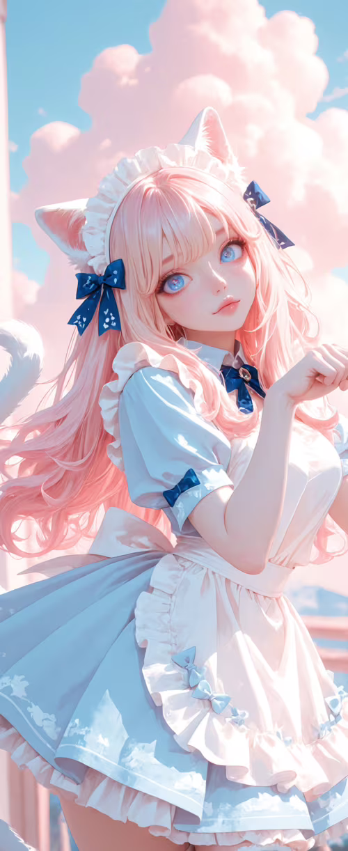 Ein Anime-Mädchen mit langem, pinkfarbenem Haar, blauen Augen sowie weißen Katzenohren... Samsung Galaxy Z Flip6