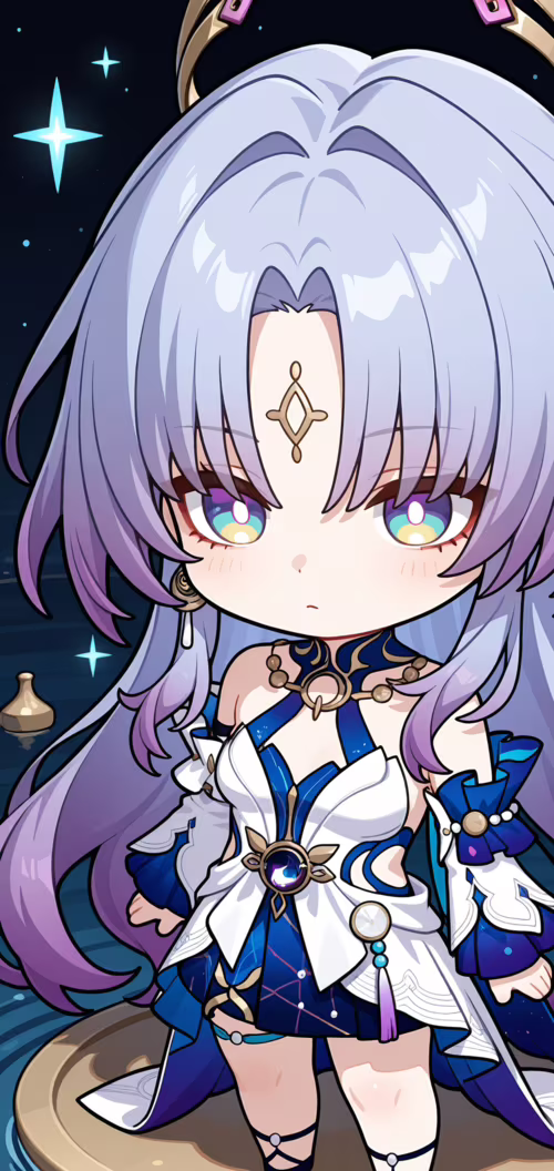 Eine niedliche Chibi-Zeichnung von Fu Xuan aus Honkai: Star Rail. Sie hat langes,...