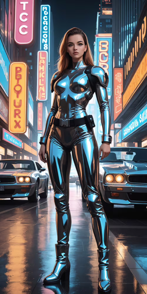 Eine Ganzkörperillustration einer Frau in einem futuristischen, schwarzen und chromfarbenen...