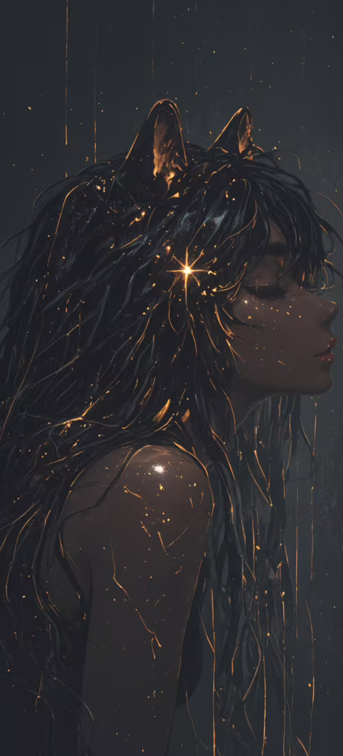 Ein digitales Gemälde, das eine friedliche, junge Frau mit langem, schwarzem Haar...