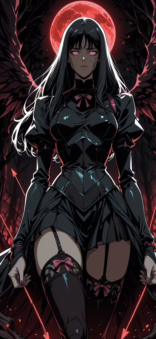 Eine im Anime-Stil gehaltene Illustration einer Frau mit langem, schwarzem Haar,...