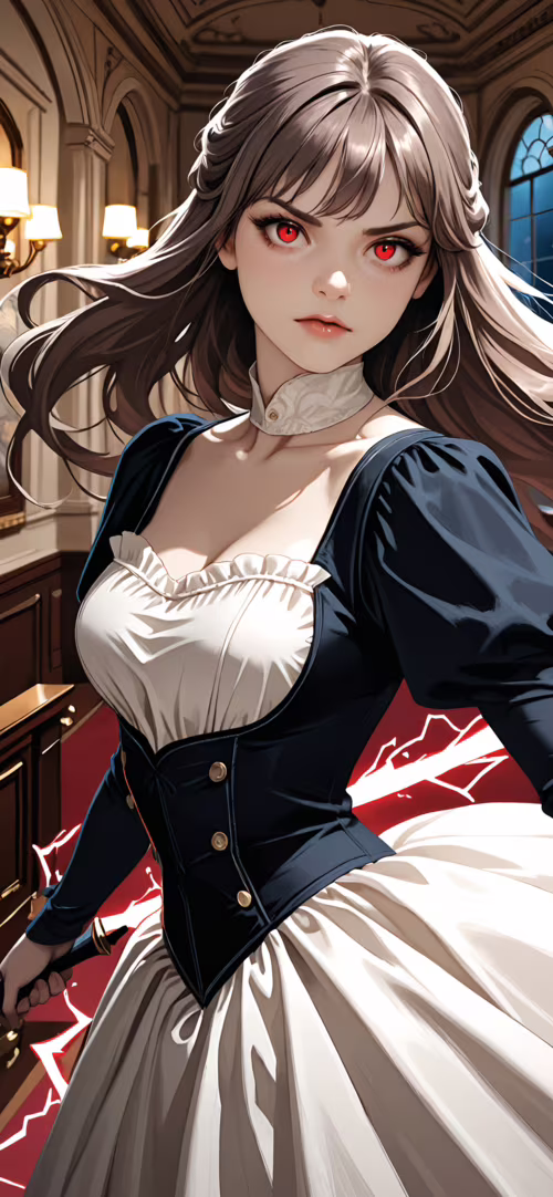 Eine Frau im Anime-Stil mit langen, braunen Haaren und durchdringenden, roten Augen,... Huawei P40