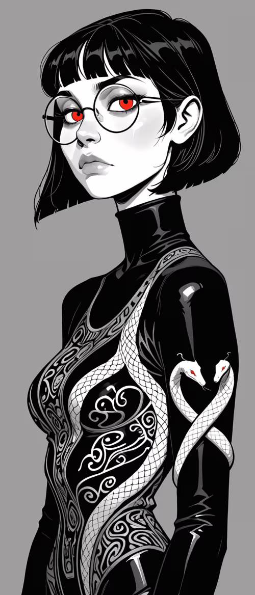 Ein grafisches Porträt einer Frau mit einem kurzen, schwarzen Bob, runden Brillengläsern... Sony Xperia PRO dash I