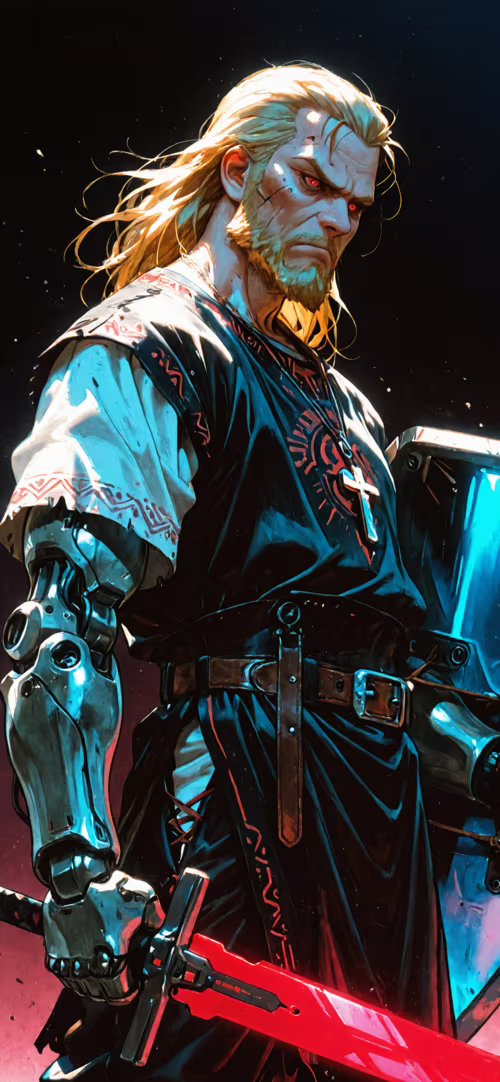 Eine digitale Illustration eines blondhaarigen, bärtigen Kriegers mit leuchtend roten... Honor 9X