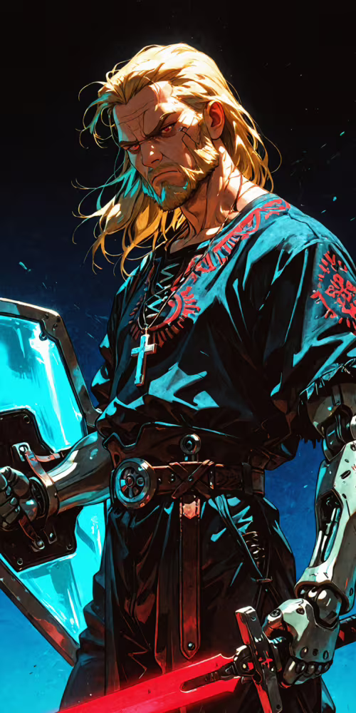 Eine digitale Illustration eines blondhaarigen, bärtigen Kriegers mit leuchtend roten... Elephone U Pro