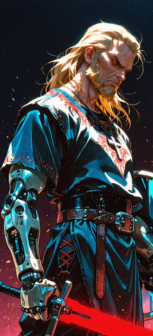 Eine digitale Illustration eines blondhaarigen, bärtigen Kriegers mit leuchtend roten... OnePlus 12R