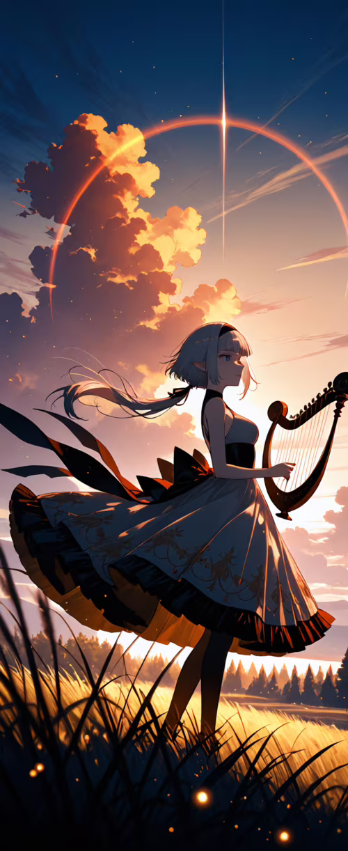 Eine Ganzkörperillustration eines Anime-Mädchens mit silbernem Haar, das eine Harfe... Samsung Galaxy Z Flip6