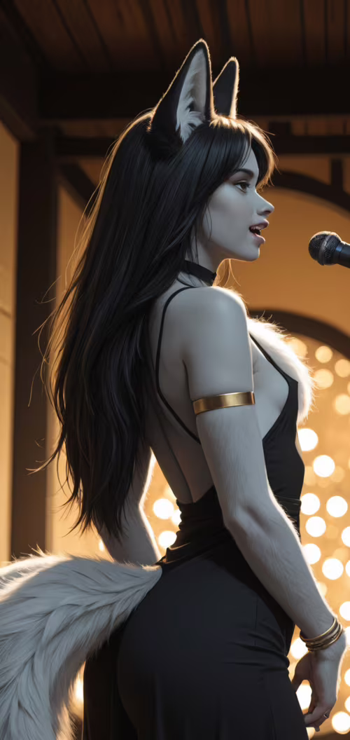 Eine Frau mit langem, schwarzem Haar, schwarzen Fuchsoren und einem großen, flauschigen,... Nokia 2 dot 2