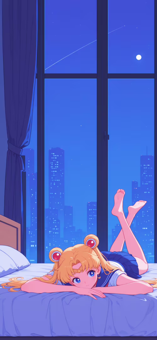 Sailor Moon, mit ihren charakteristischen blonden, zu Zöpfen gebundenen Haaren, liegt... Huawei P40