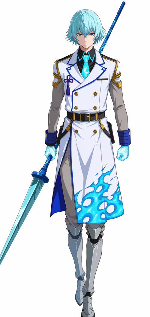 Ein Ganzkörperbild von Sei aus BlazBlue Alternative: Dark War, einem jungen Mann...