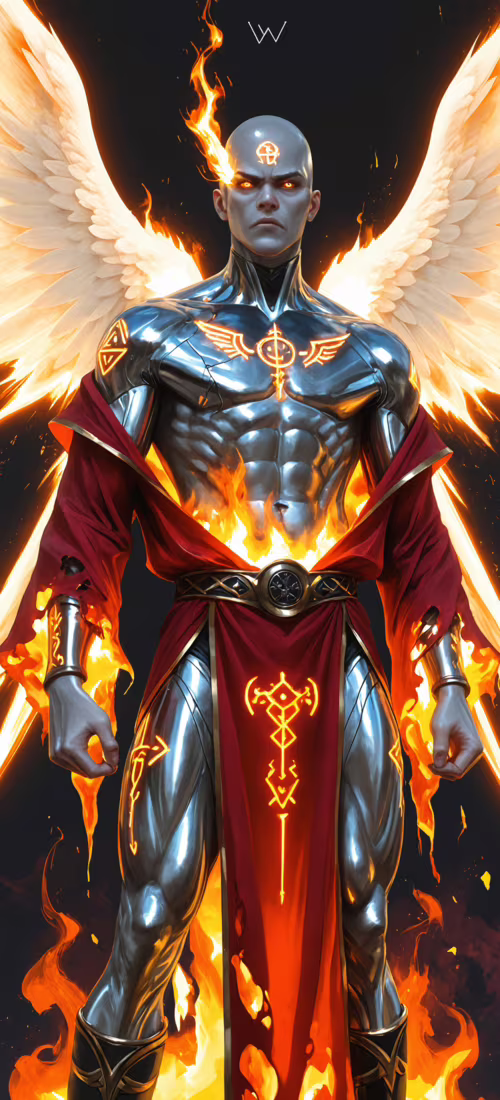 Ein digitales Ganzkörperbild, das einen mächtigen, glatzköpfigen Engel mit silberner...