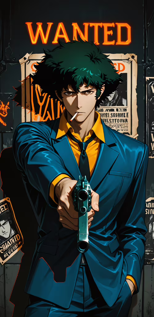 Eine im Anime-Stil gehaltene Illustration von Spike Spiegel aus Cowboy Bebop, der...