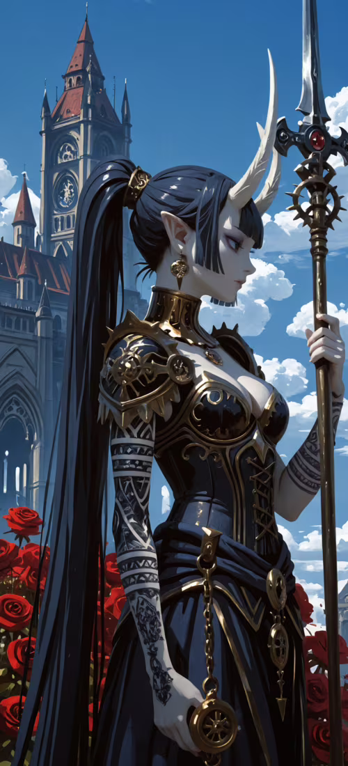 Eine Illustration einer Frau mit weißen Hörnern und Elfenohren, die eine aufwendige,...