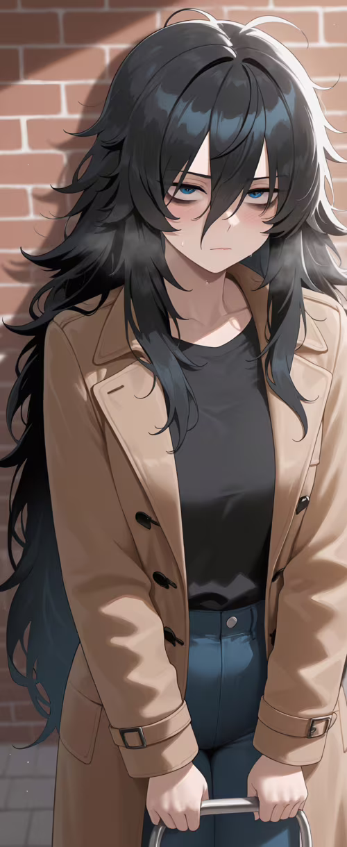 Ein Mädchen im Anime-Stil mit langem, unordentlichem, schwarzem Haar und müden, blauen... Samsung Galaxy Z Flip