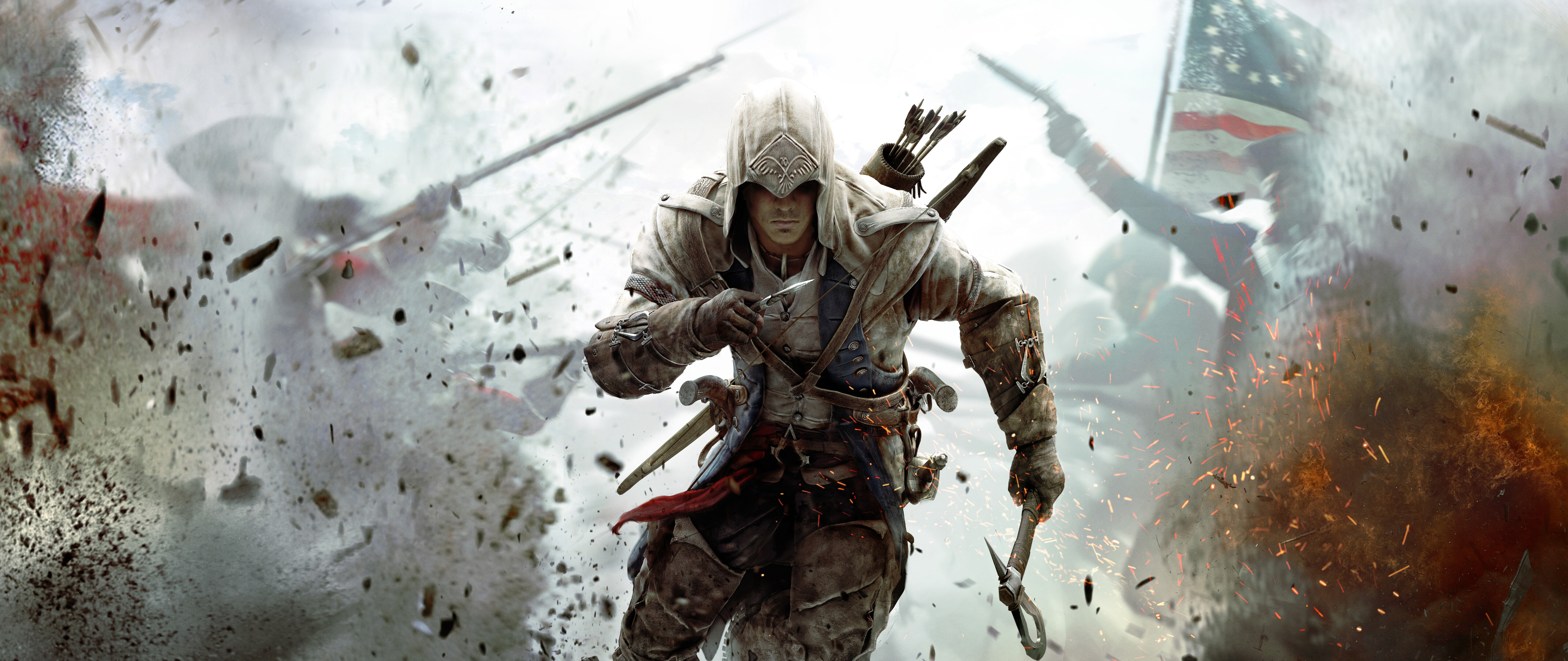 Connor Kenway aus Assassin’s Creed III, gekleidet in seine typische Assassinen-Robe und mit Kapuze.