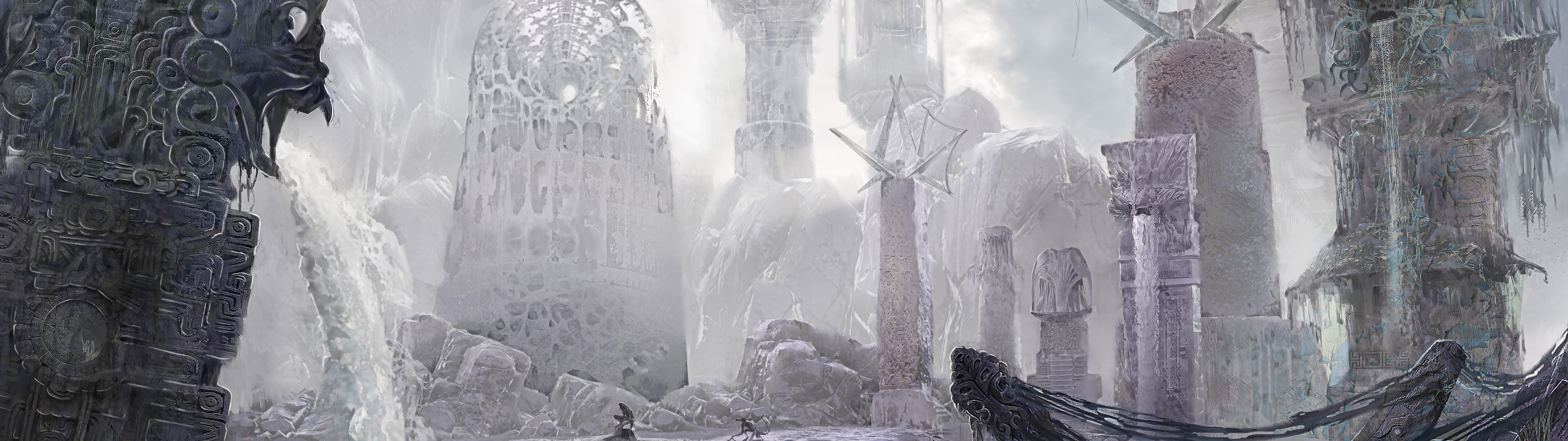 Ein Detektiv, der inmitten verfallener, unheimlicher Ruinen unter einem bedrohlichen Himmel steht, inspiriert von der Atmosphäre von „Sherlock Holmes: The Awaken“.