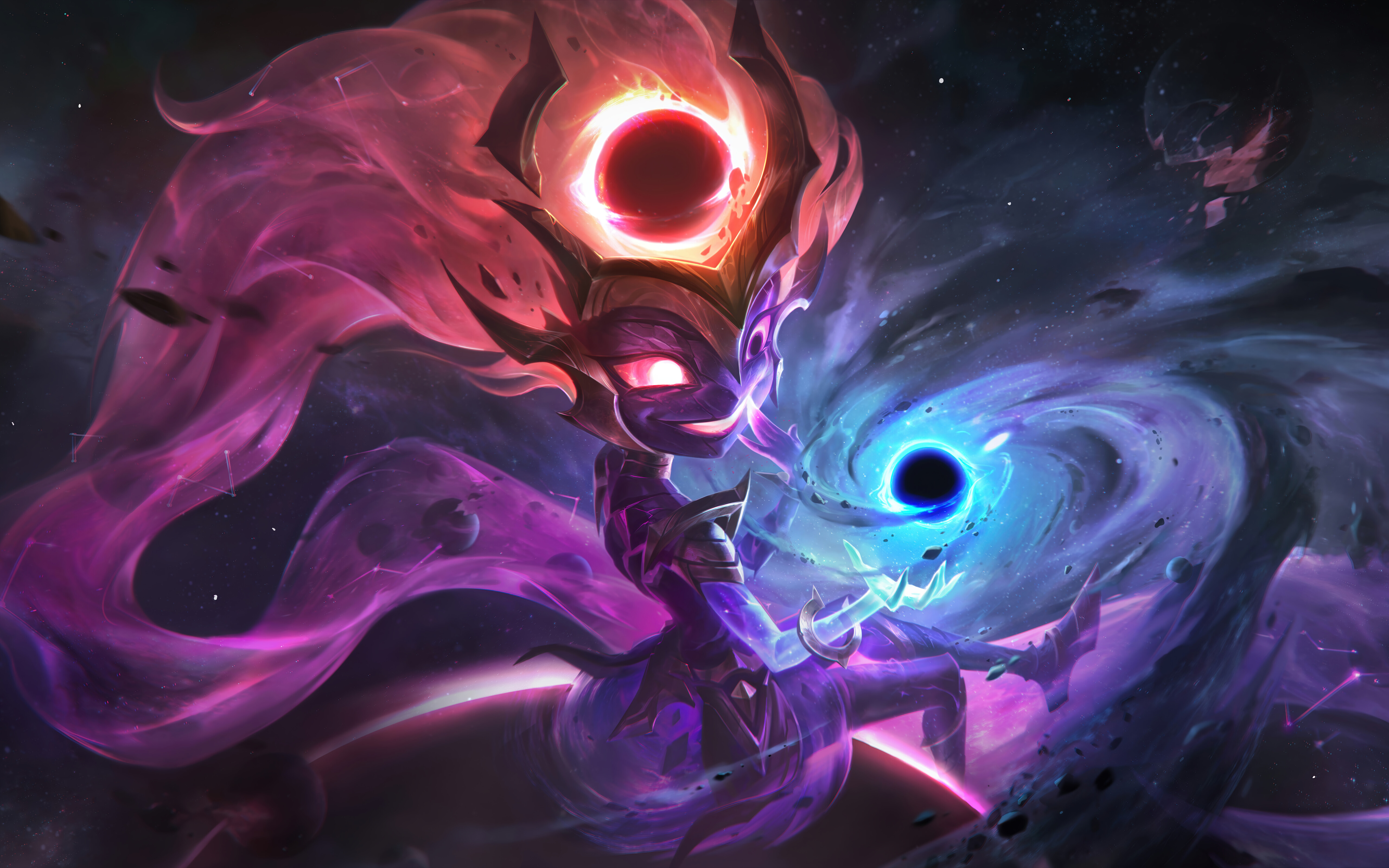 Zoe aus League of Legends wirkt einen mächtigen Zauber, der ein schwarzes Loch erzeugt, in einer kosmischen Umgebung.