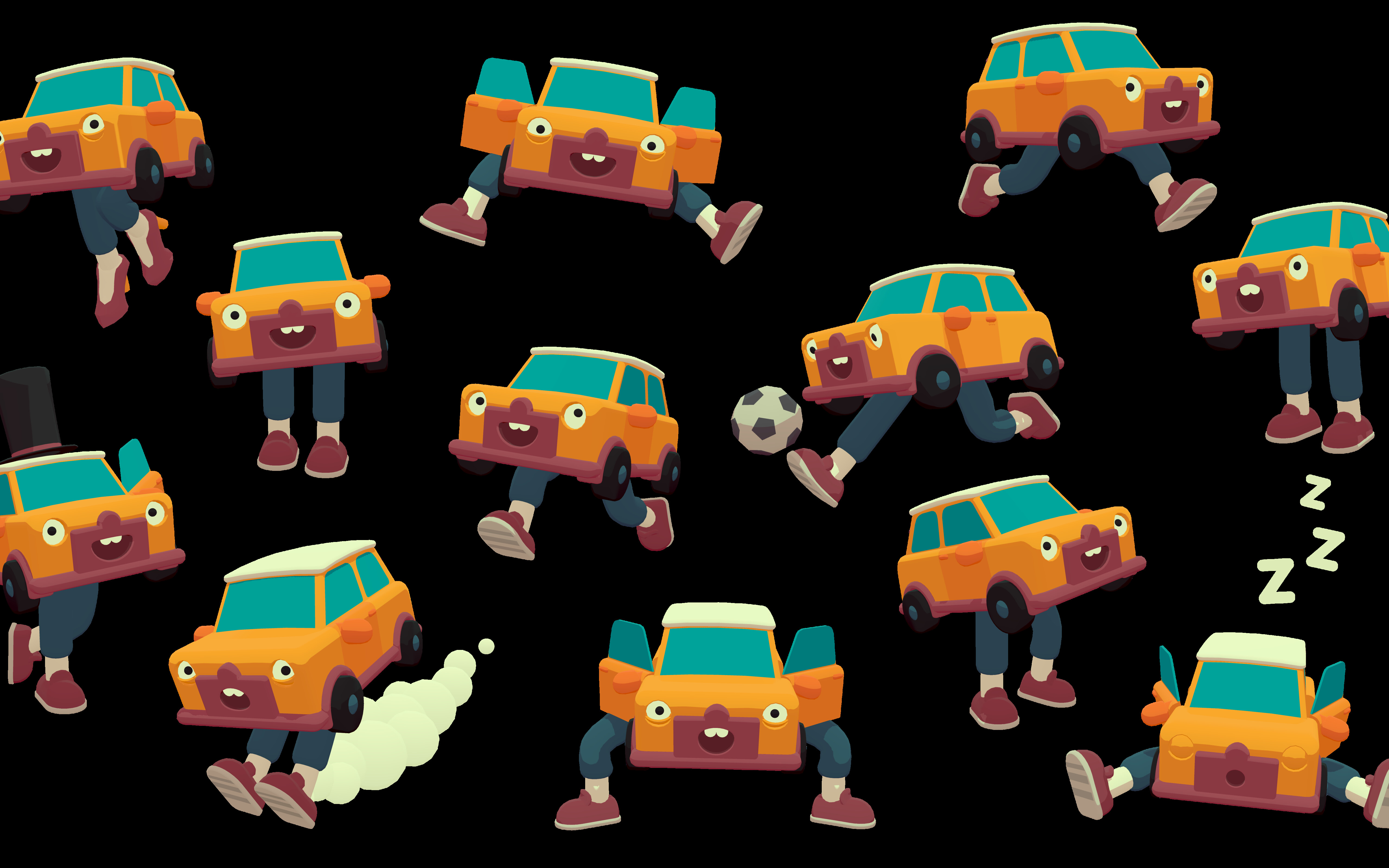 Ein farbenfrohes, stilisiertes Auto fährt durch einen chaotischen Hindernisparcours in einem auf Physik basierenden Videospiel.