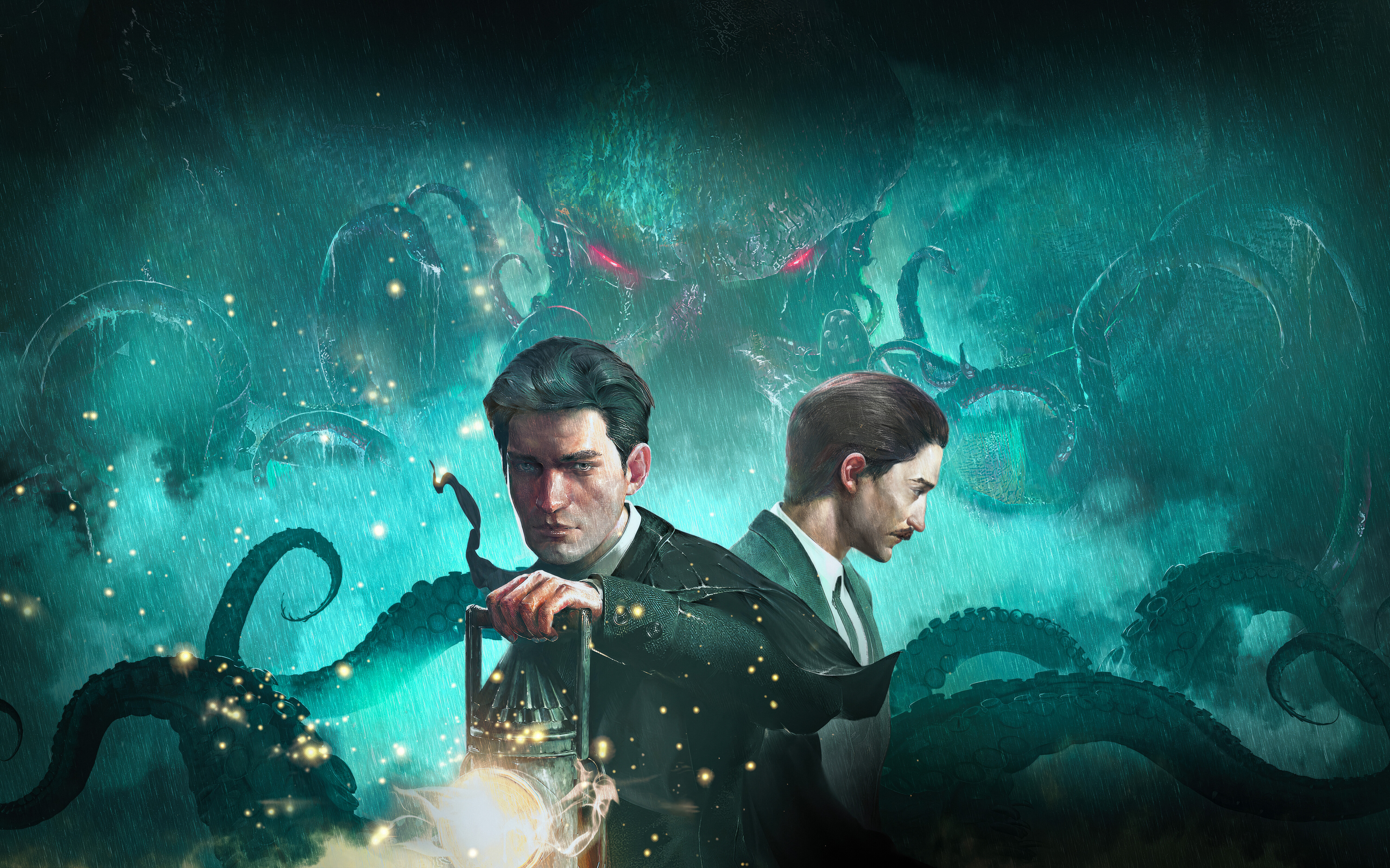 Ein bedrohliches, dunkelhäutiges Tentakelmonster, das sich im strömenden Regen versteckt und an die kosmischen Horrorelemente von „Sherlock Holmes: The Awakened“ erinnert.