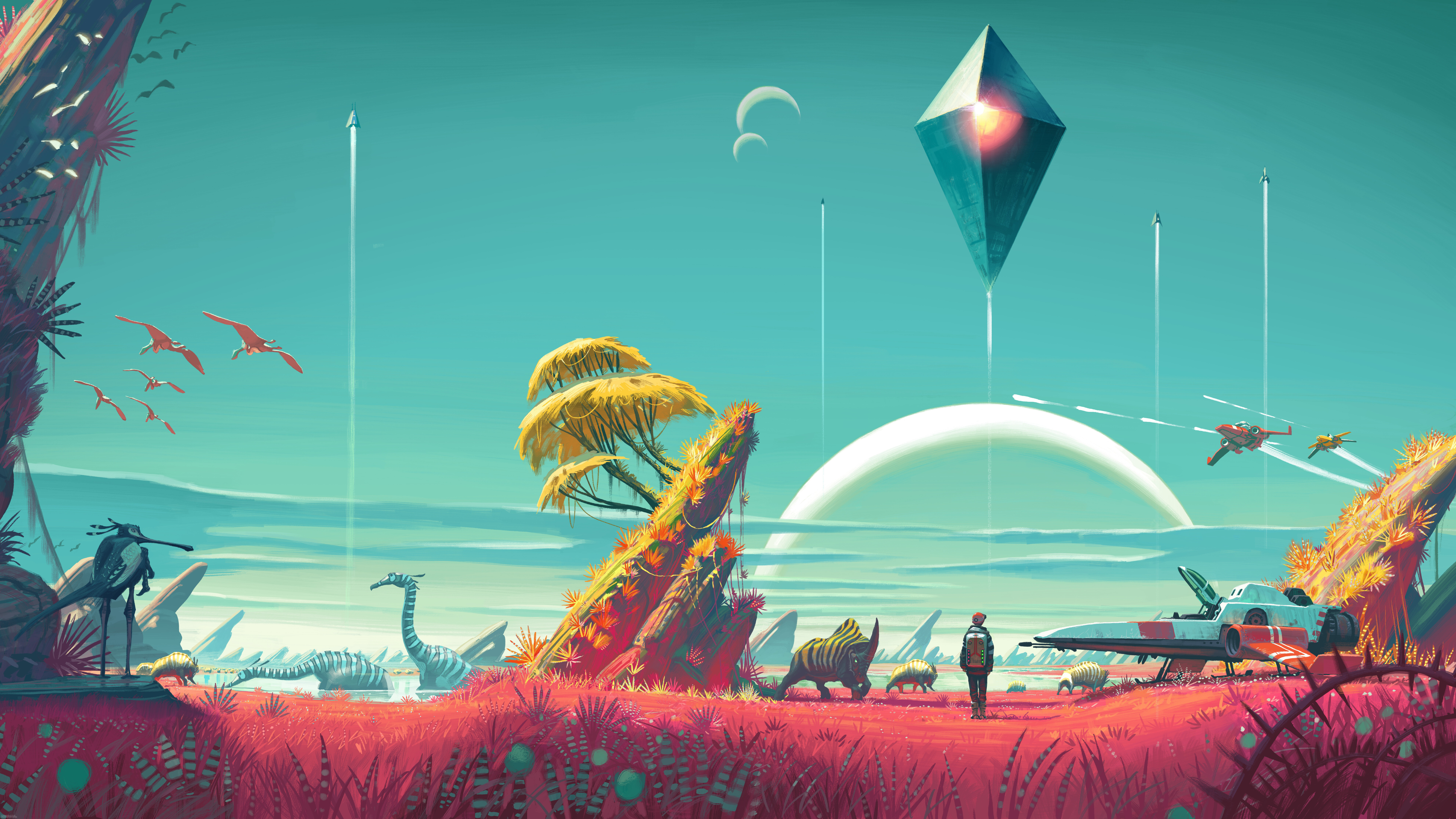 Eine Science-Fiction-Figur, bekannt als ein Reisender aus dem Spiel „No Man’s Sky“, erkundet eine farbenprächtige, außerirdische Planetenlandschaft mit exotischer Vegetation.