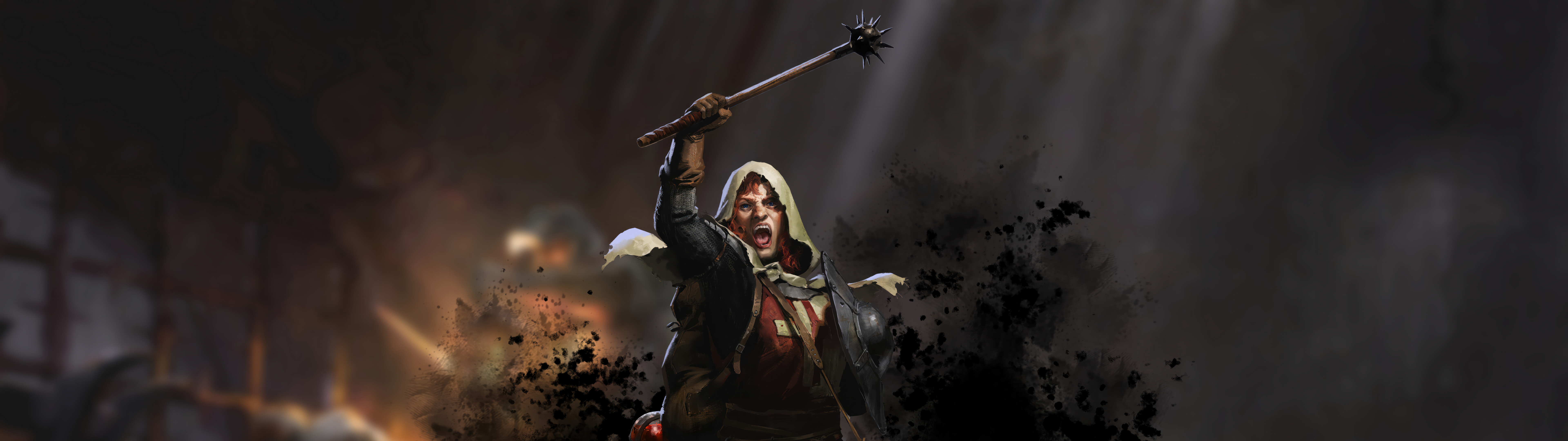 Eine düstere Fantasy-Figur in schwerer mittelalterlicher Rüstung, die in einem schwach beleuchteten, steinernen Dungeon-Korridor steht, inspiriert vom Spiel Dark and Darker.