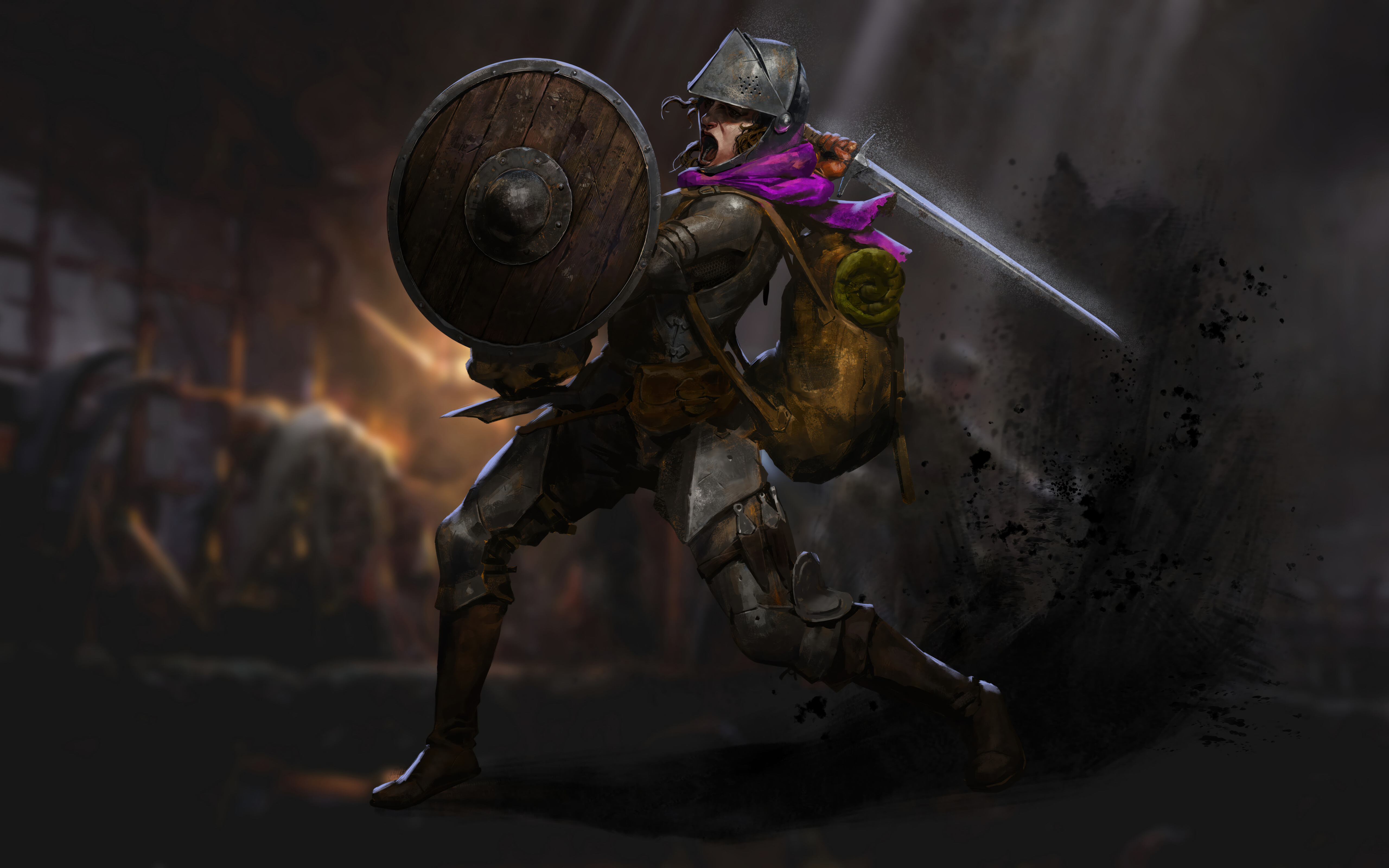 Ein schwer gepanzerter Fantasy-Abenteurer, der eine Laterne in einem dunklen, steinernen Dungeon-Korridor hält, inspiriert von dem Spiel Dark and Darker.