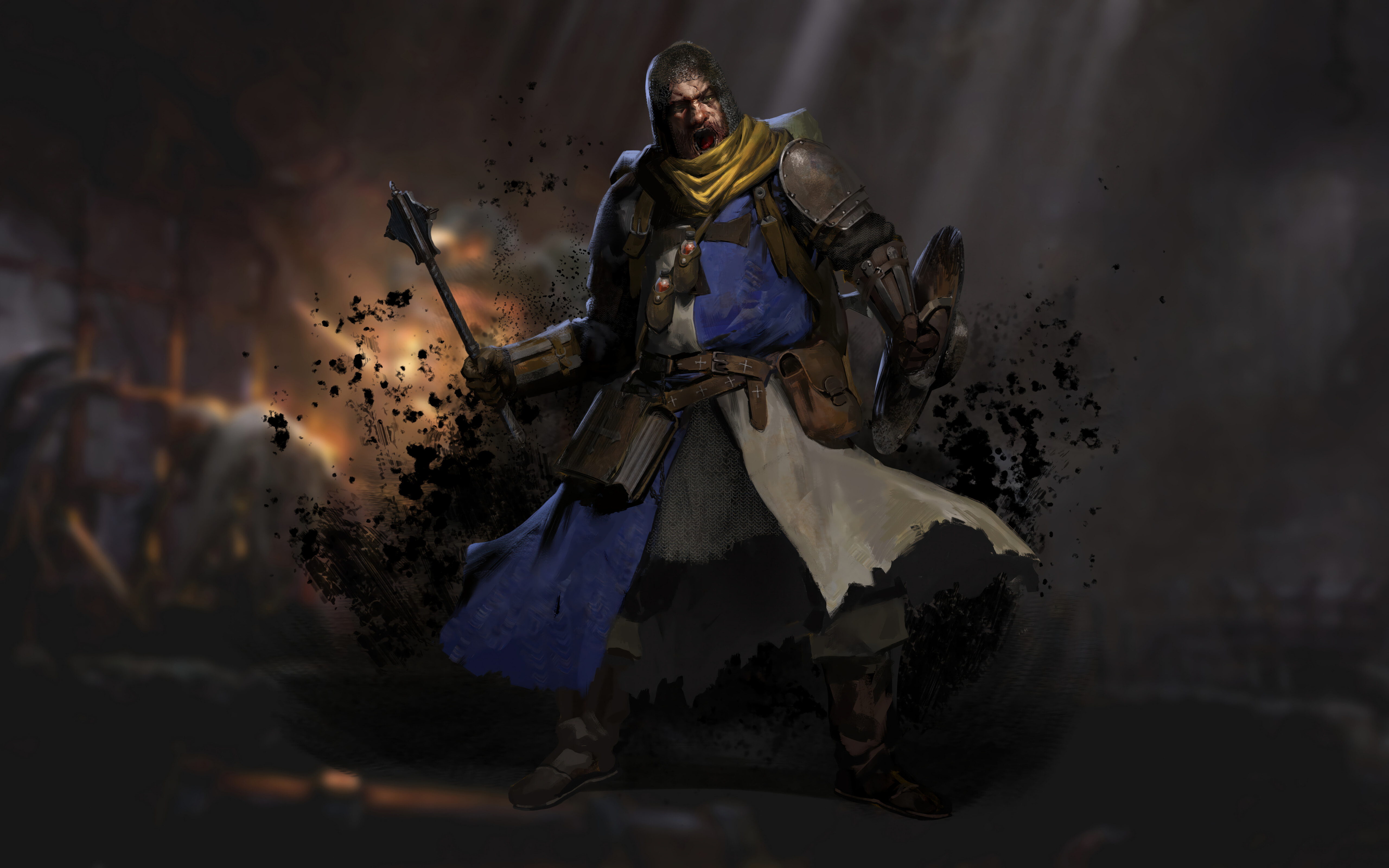 Eine düstere Fantasyfigur, die in Schatten gehüllt ist und sich in einem mittelalterlichen Kerker aufhält.