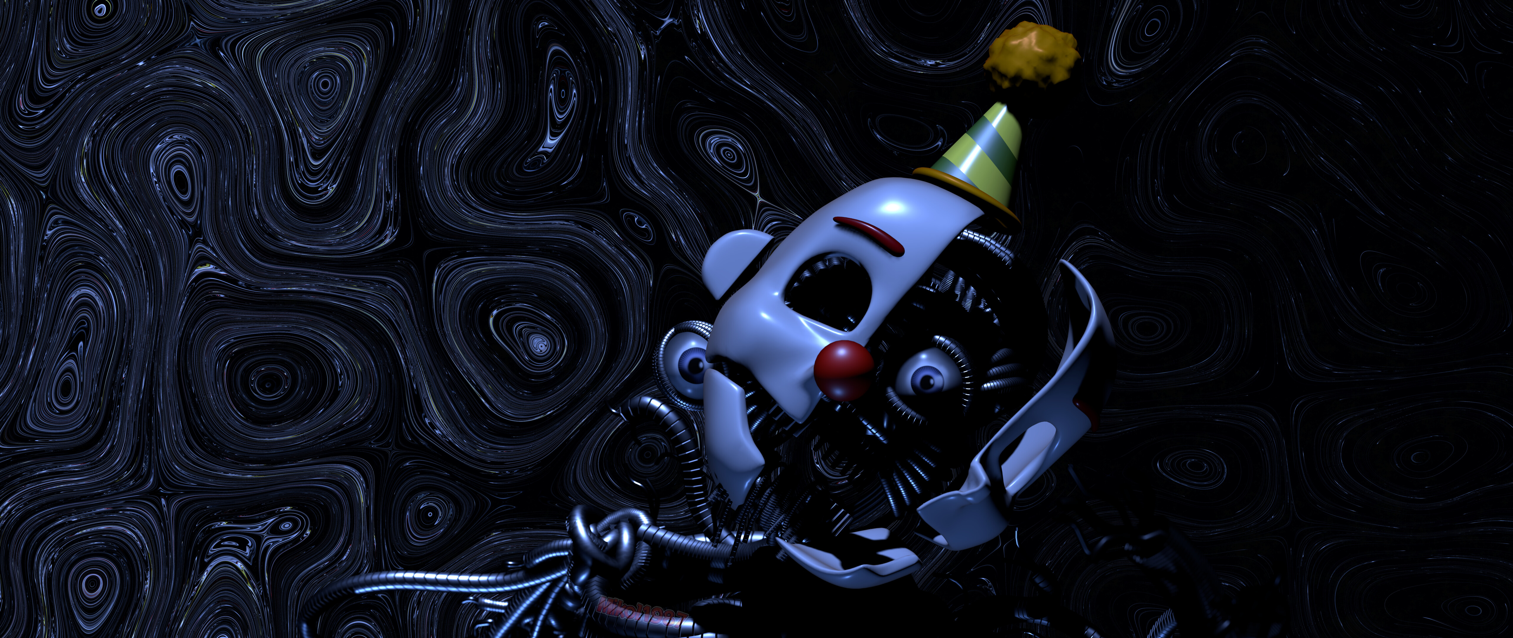 Eine Nahaufnahme der animatronischen Figur Ennard aus dem Spiel Five Nights at Freddy's: Sister Location, die komplizierte Kabel und leuchtende Augen zeigt.