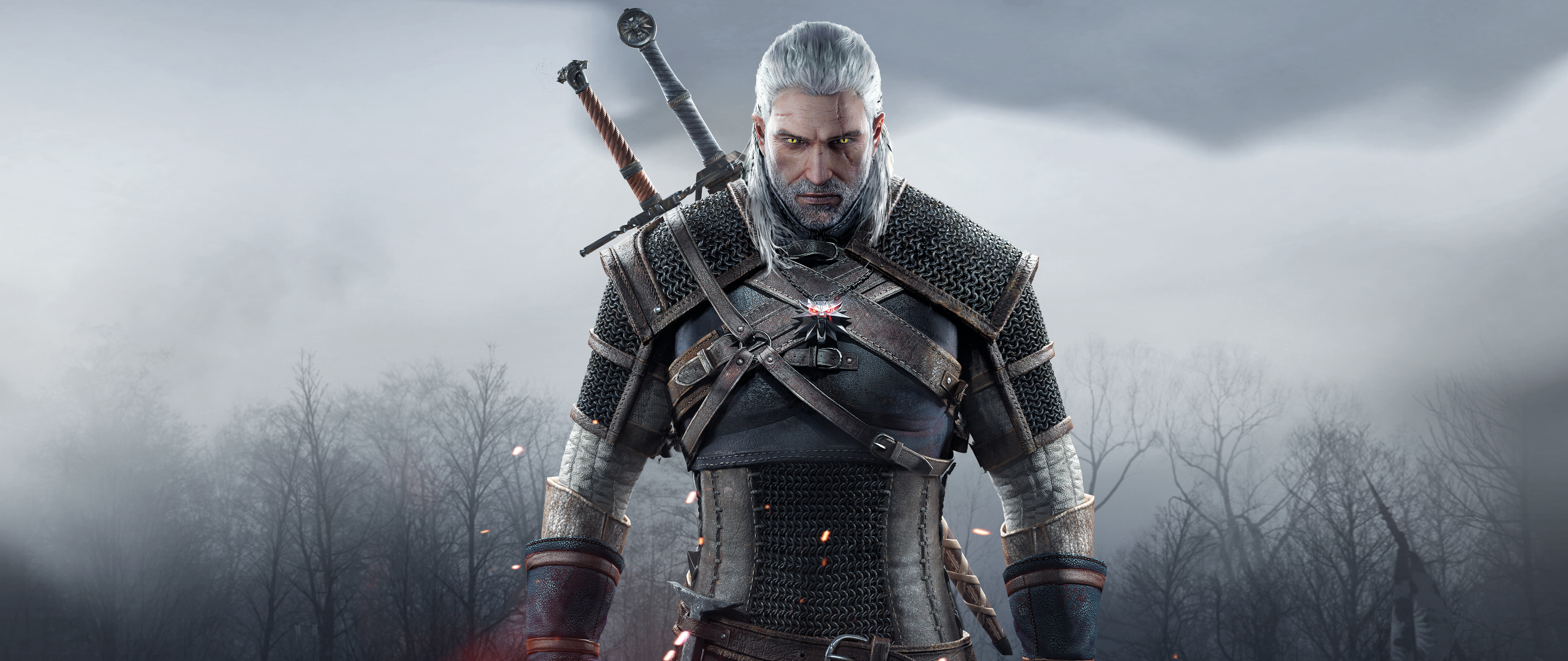 Nahaufnahme eines Porträts von Geralt von Riva aus dem Spiel „The Witcher 3: Wild Hunt“.