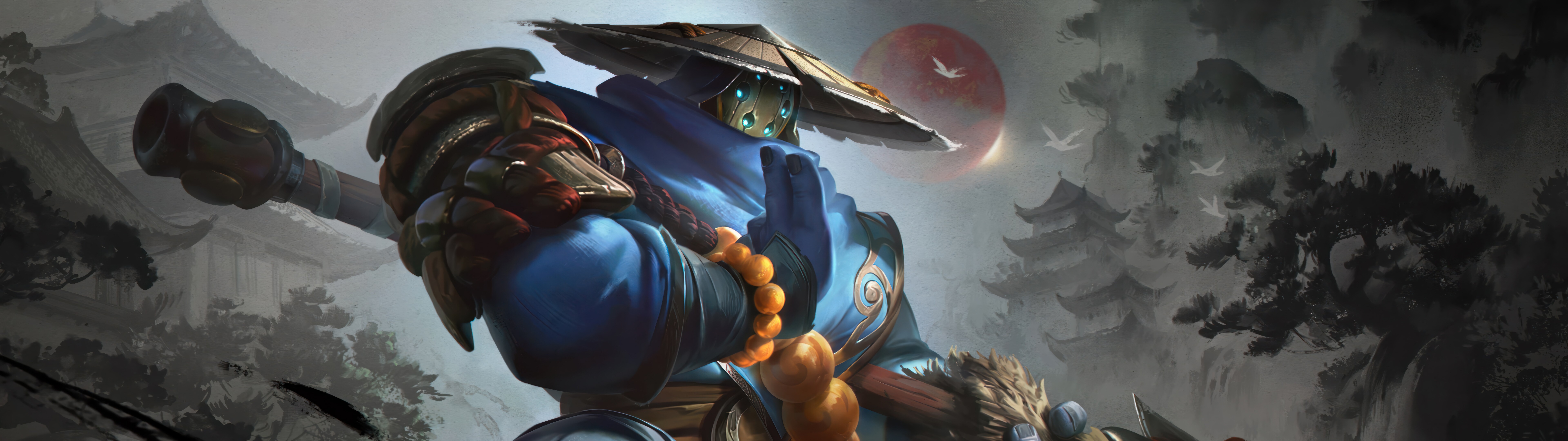 Ein von der Samurai-Tradition inspiriertes Konzept für Jax aus League of Legends, der eine kunstvoll gestaltete, traditionelle Rüstung trägt.