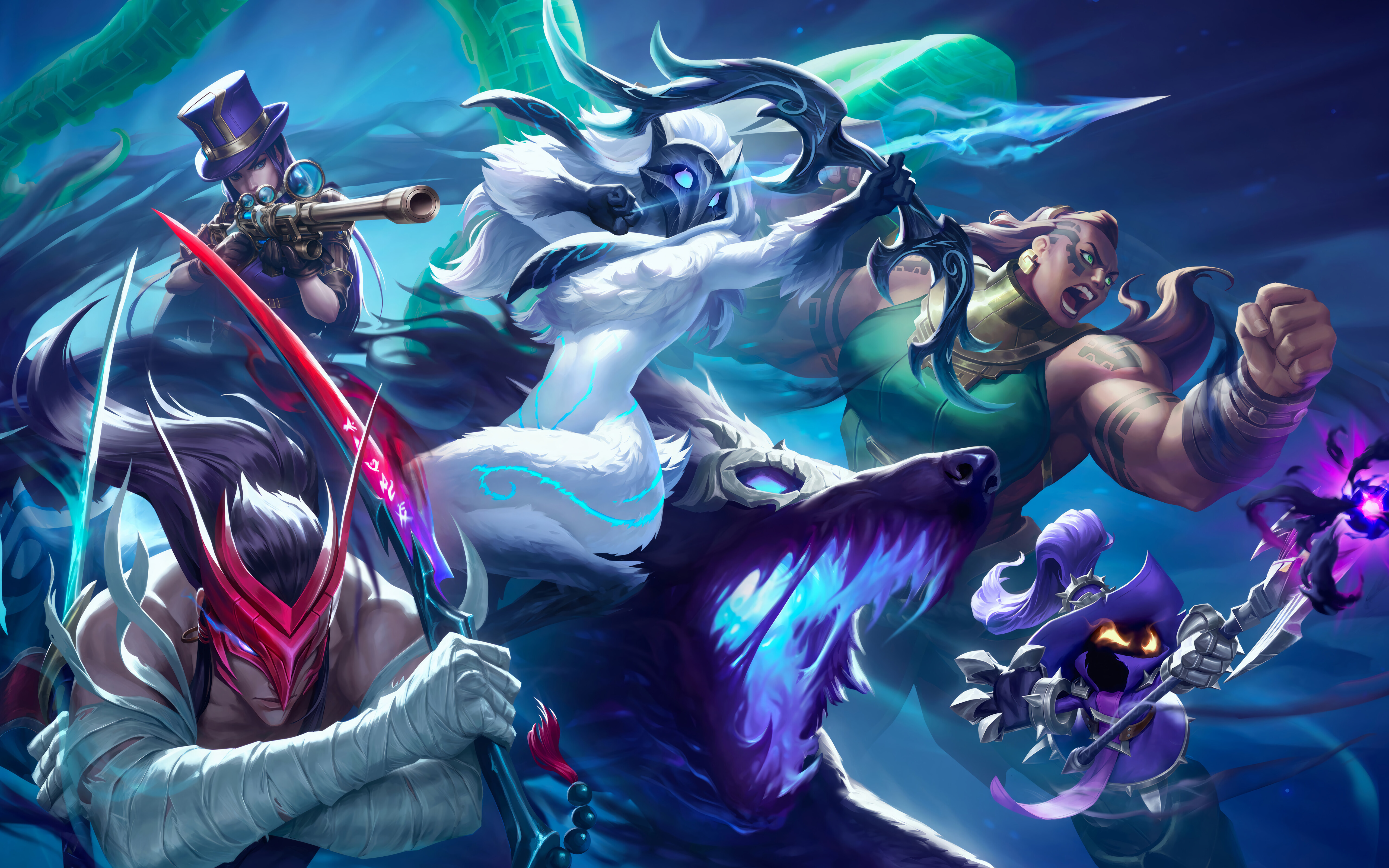 Eine beeindruckende Darstellung der Charaktere Yone, Kindred und Illaoi aus dem Spiel League of Legends.