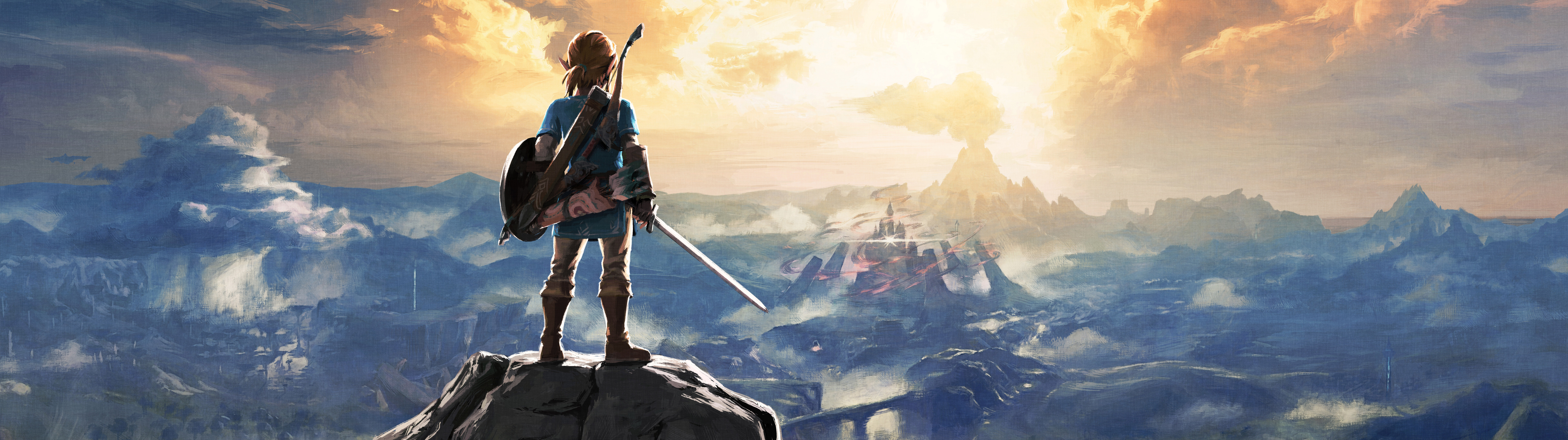 Link aus dem Spiel „The Legend of Zelda: Breath of the Wild“ betrachtet die weiten Landschaften von Hyrule.