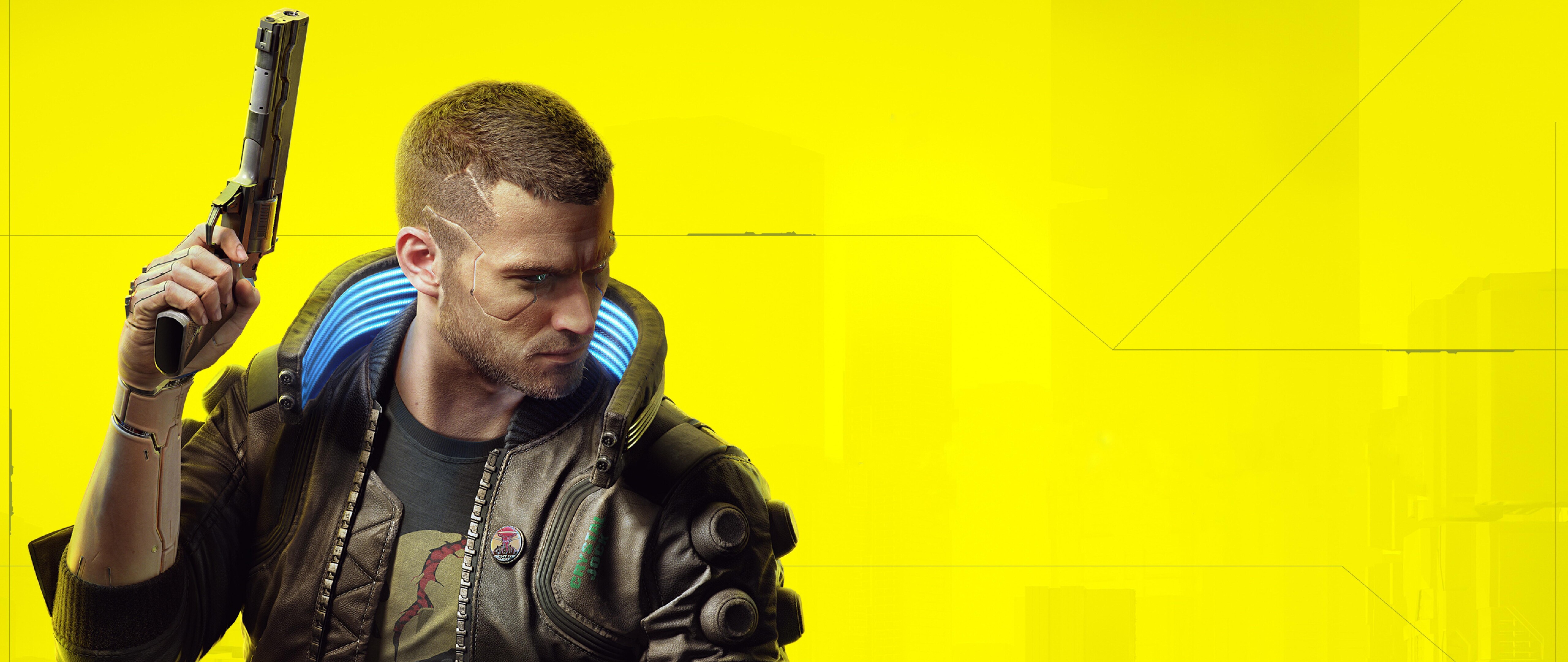 Eine futuristische Figur mit leuchtend blauen, kybernetischen Erweiterungen, die in einer düsteren, von Regen durchtränkten, futuristischen Stadtlandschaft steht.