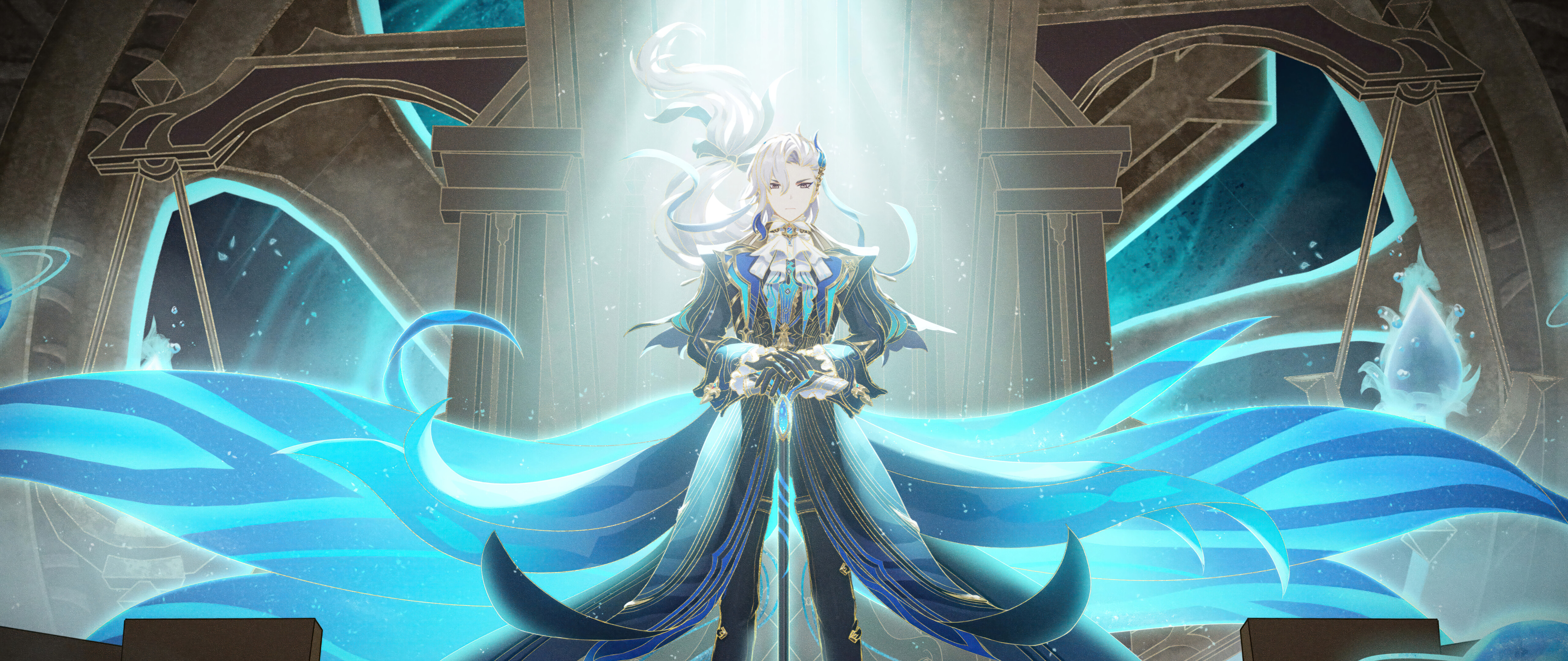 Ein beeindruckendes Porträt von Neuvillette aus Genshin Impact.