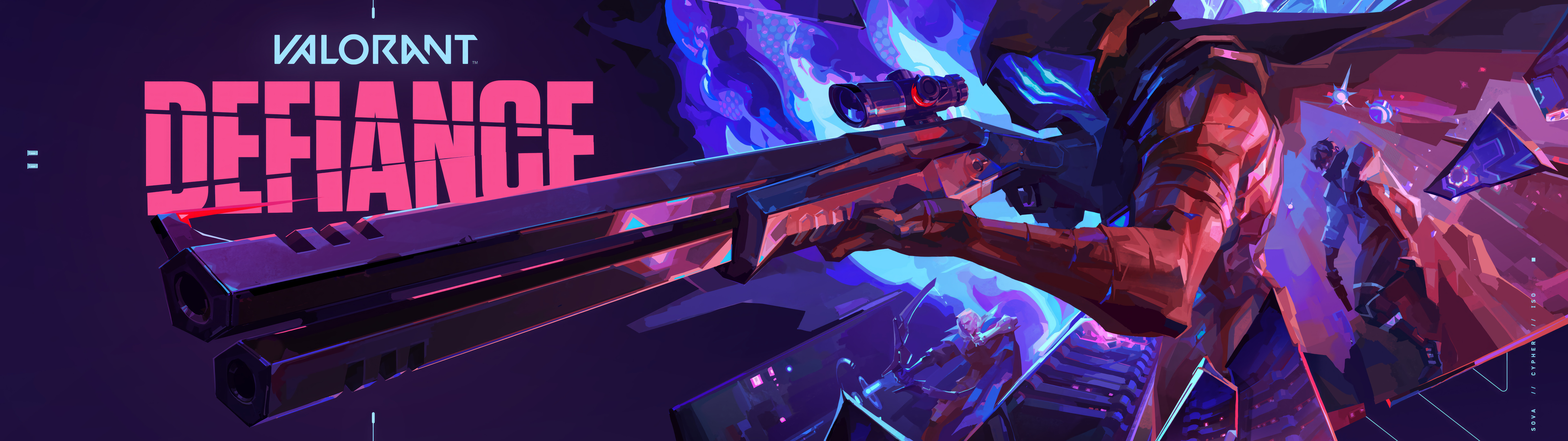 Ein dramatisches und düsteres Porträt von Omen aus Valorant, das seine charakteristische Silhouette mit Kapuze und leuchtenden Augen inmitten wirbelnder Schatten zeigt.